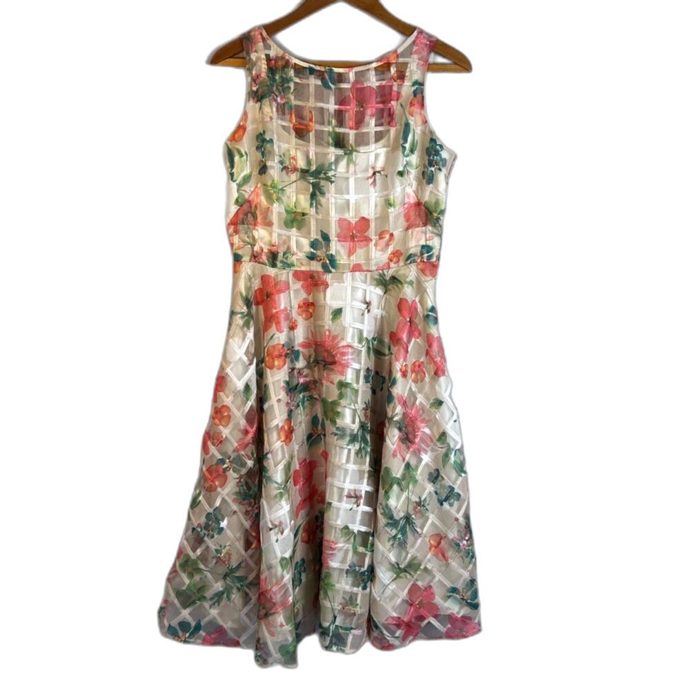 Julian Taylor Floral Square Grid Overlay Fit & Flare Dress Dressy Whimsical Sz 6